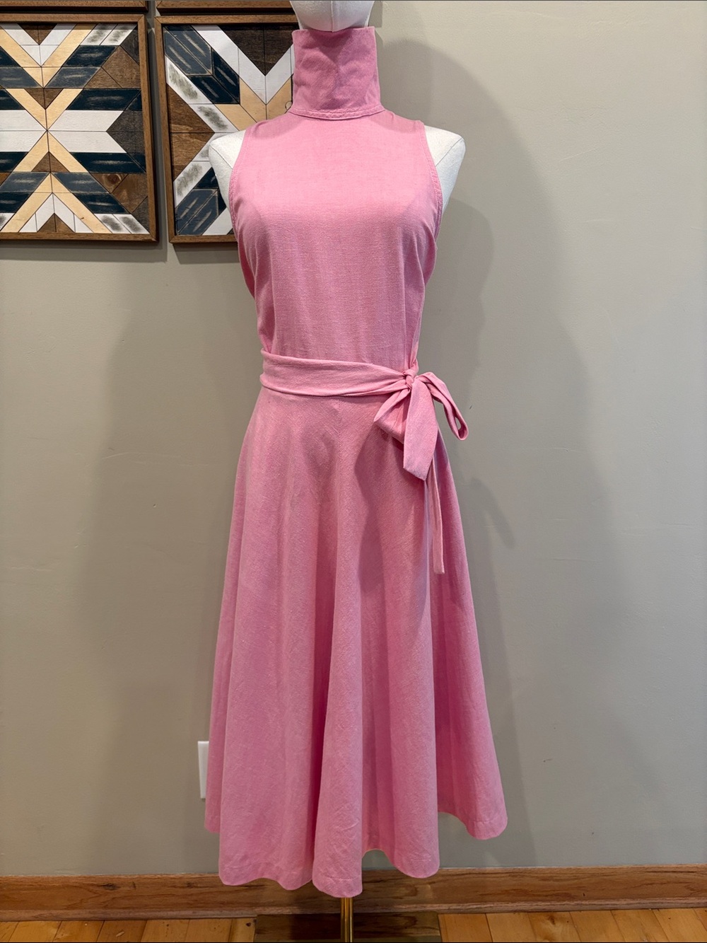 Vintage Ralph Lauren 80s Pink Cotton Sleeveless Turtleneck Midi Dress size 8